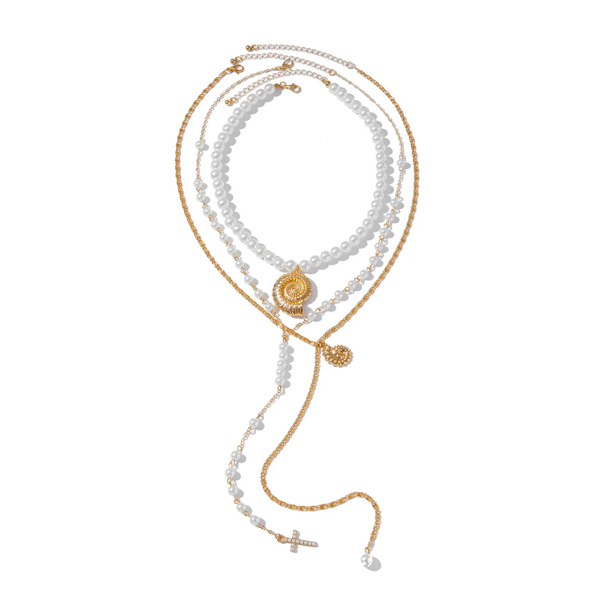 Jewelry Conch Cross Pendant Necklace Pearl Beaded Alloy Iron Chain Geometric Style Women's - Image 5