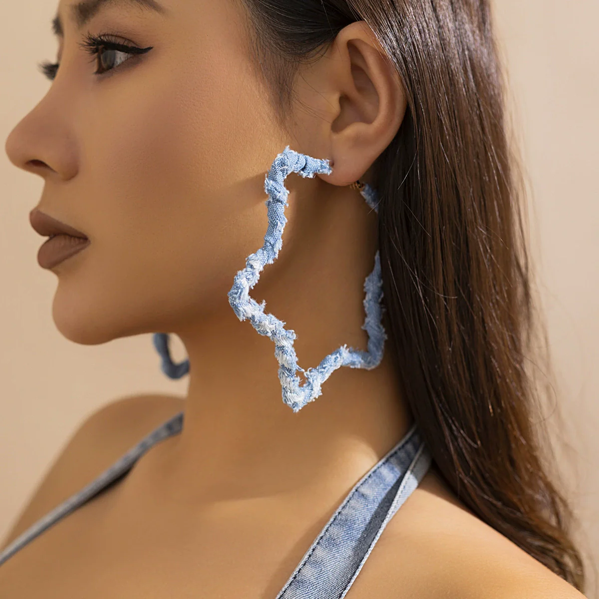 Jewelry Denim Printed Cloth Metal Pure Handmade Geometric Hoop Earrings For Women - Image 11