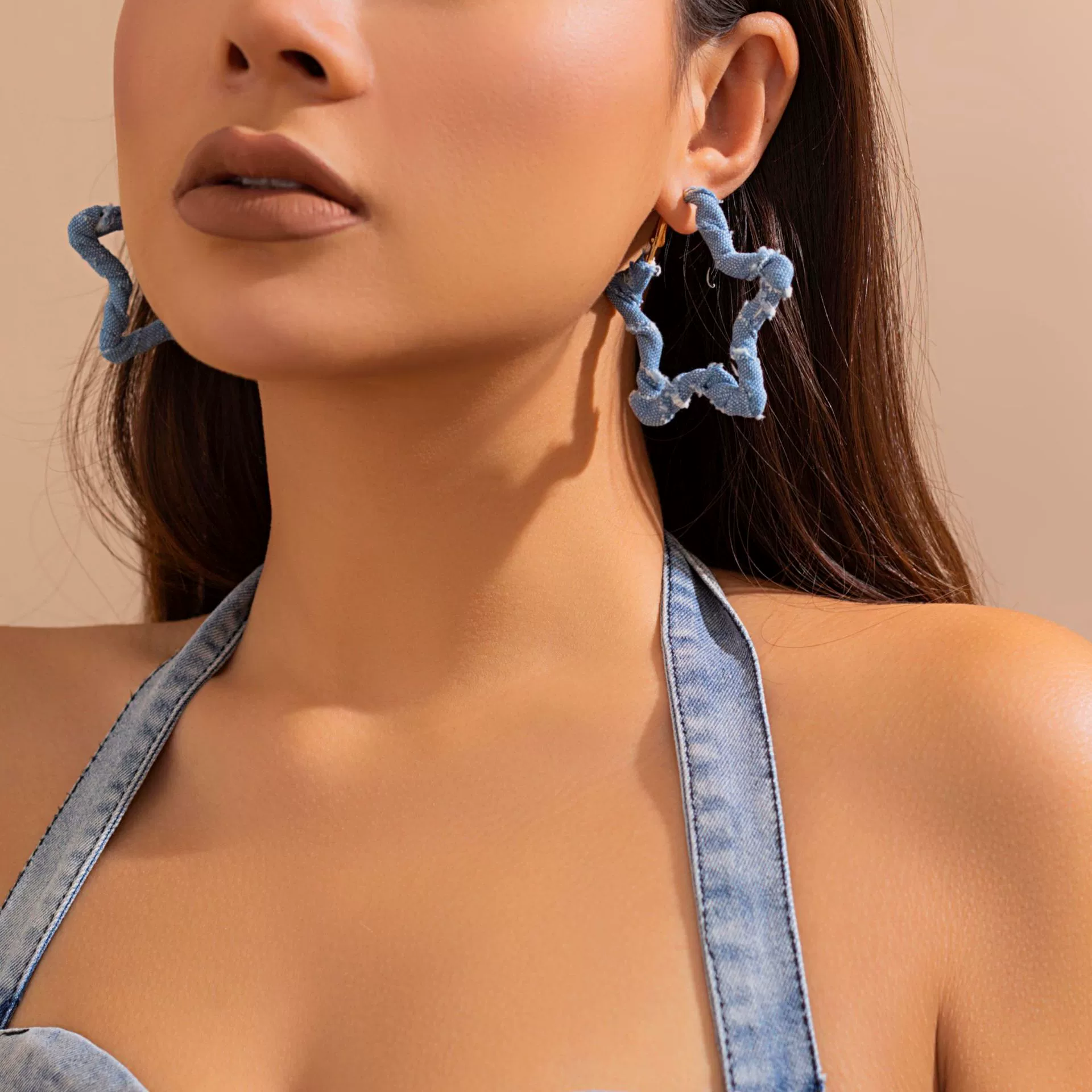 Jewelry Denim Printed Cloth Metal Pure Handmade Geometric Hoop Earrings For Women - Image 12
