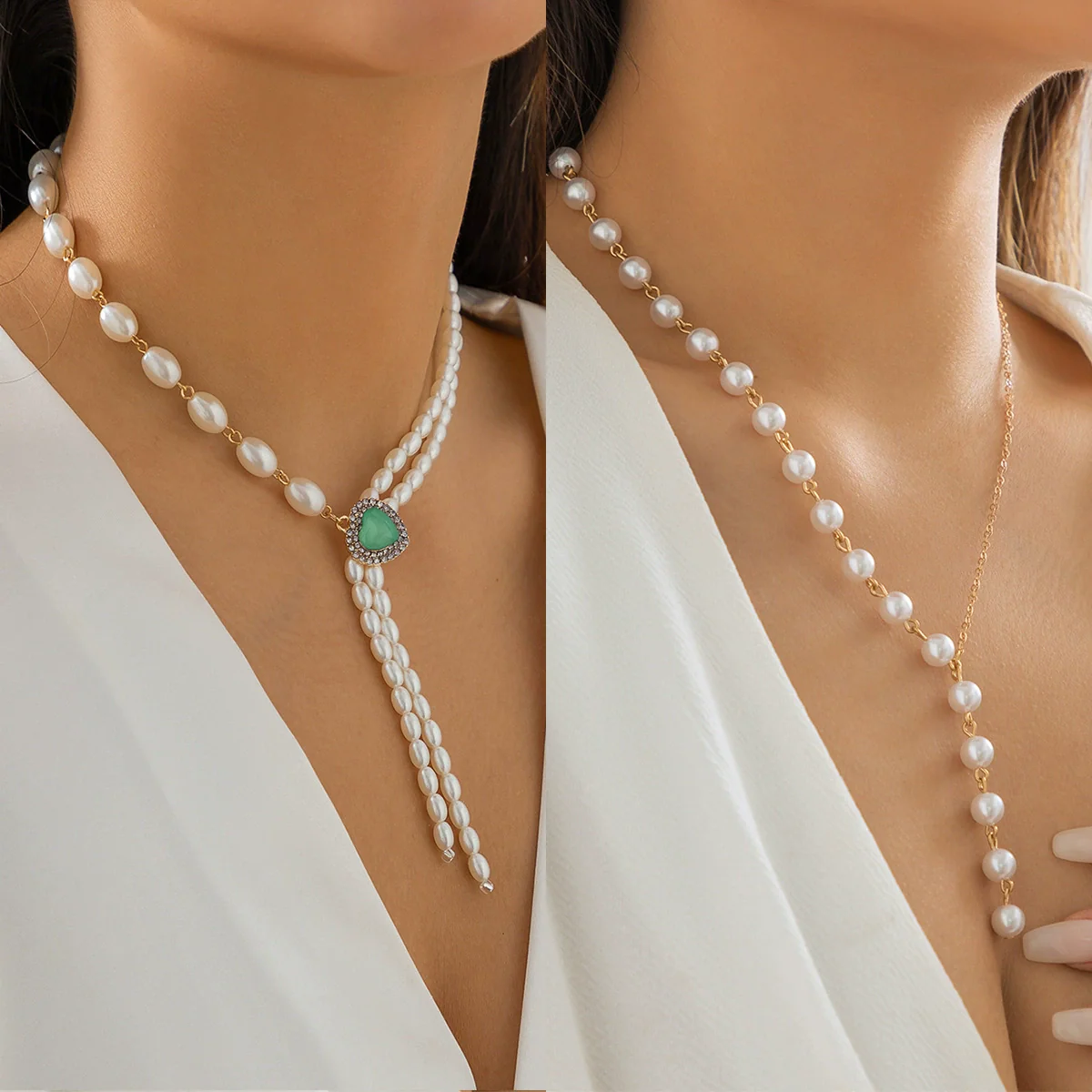Jewelry Elegant Retro Asymmetric Imitation Pearl Tassel Heartshaped Alloy Geometric Electroplated Necklace For Women