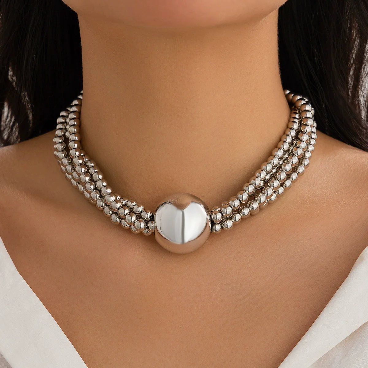 Jewelry Exaggerated Round Bead Pendant Clavicle Necklace Women Hiphop Trendy Metal Multilayered Imitation Pearl Ball Chain Electroplating Geometric Style - Image 3