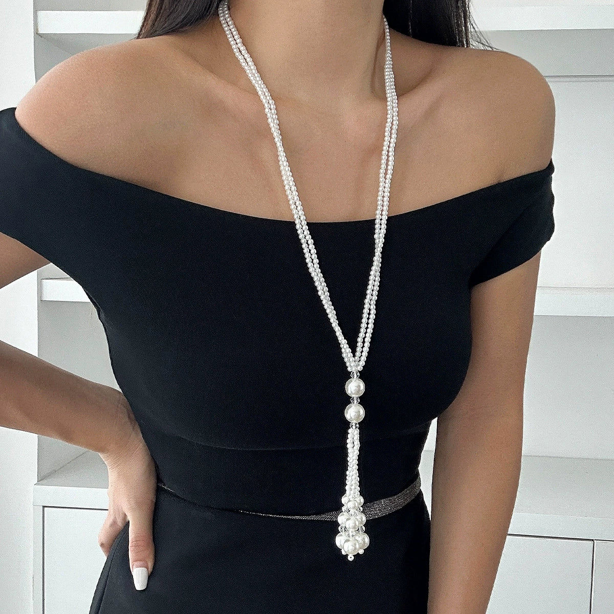 Jewelry Fashionable Pearl Tassel Imitation Pearl And Imitation Crystal Geometric Simple Electroplating Clavicle Chain - Image 3