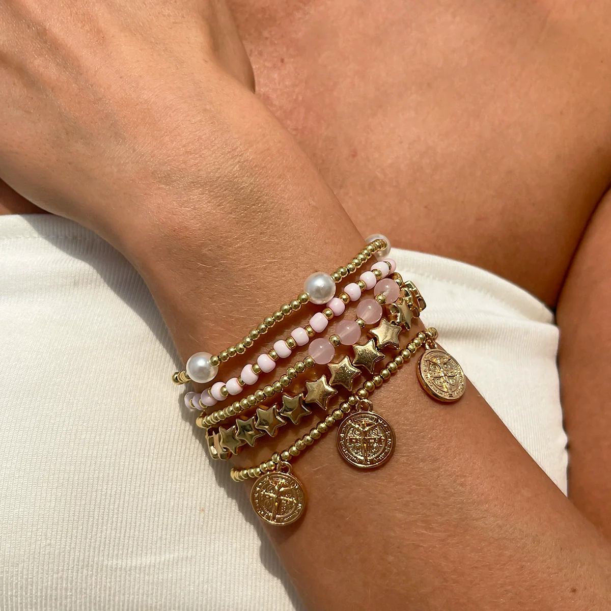 Jewelry Fivepointed Star Bracelet Set For Women Ccb Rice Beads Crystal Imitation Pearl Alloy Iron Chain Electroplating Ins Style - Image 3