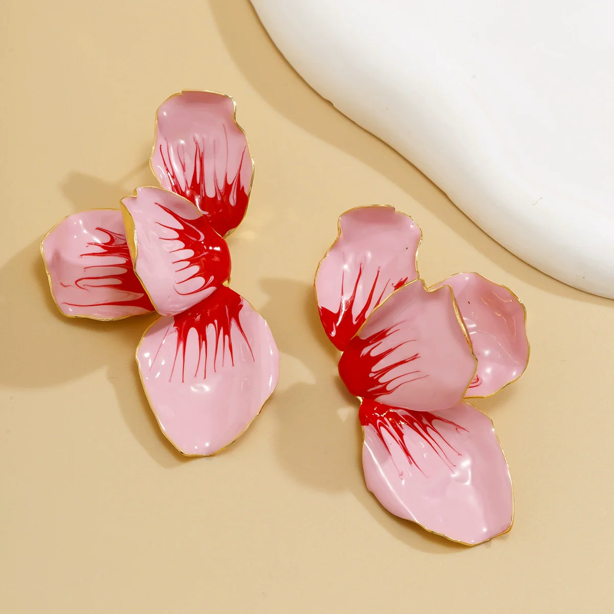 Jewelry Folding Pink Petal Earrings Iron Dripping Oil Flower Style Electroplating For Women - Image 3
