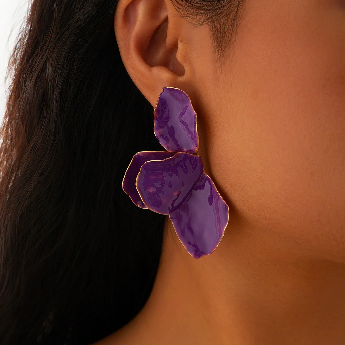 Jewelry Folding Pink Petal Earrings Iron Dripping Oil Flower Style Electroplating For Women - Image 9