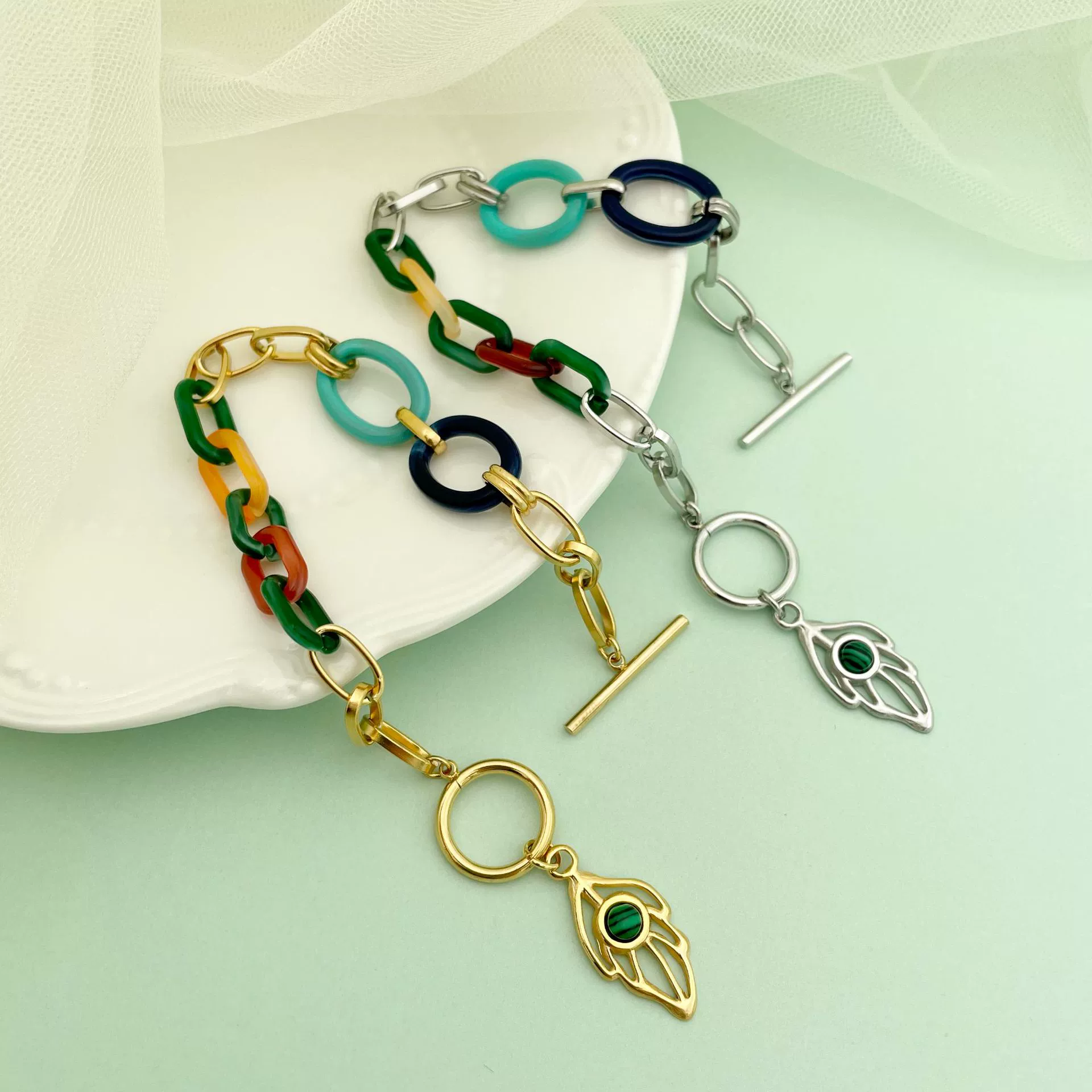 Jewelry Gold Plated Acrylic Stitching Leaf Bone Chain Necklace And Bracelet Electroplating - Image 3