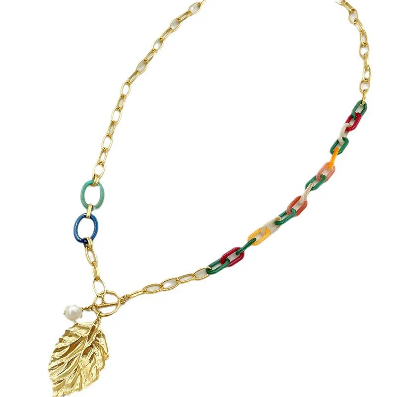 Jewelry Gold Plated Acrylic Stitching Leaf Bone Chain Necklace And Bracelet Electroplating - Image 5