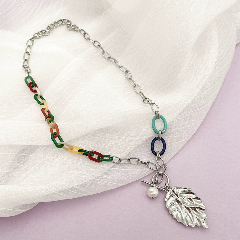 Jewelry Gold Plated Acrylic Stitching Leaf Bone Chain Necklace And Bracelet Electroplating - Image 7