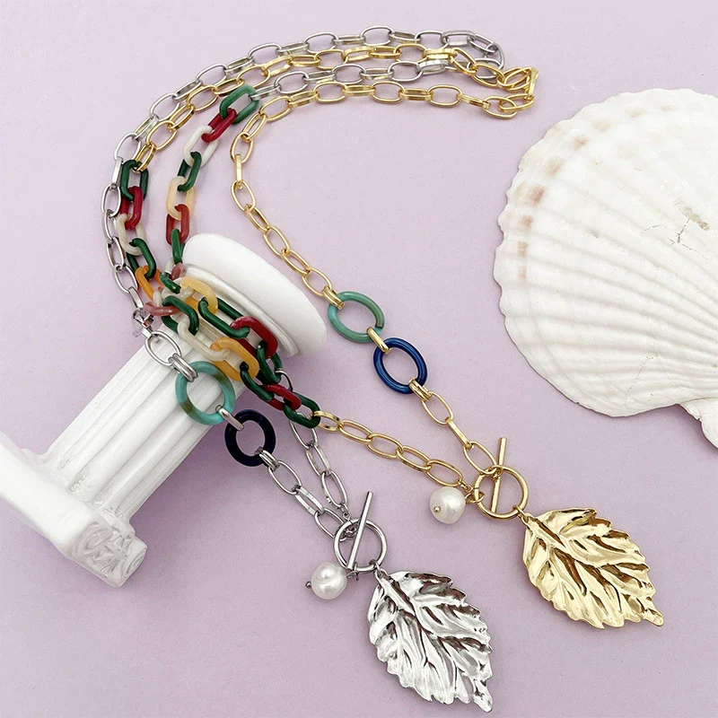 Jewelry Gold Plated Acrylic Stitching Leaf Bone Chain Necklace And Bracelet Electroplating - Image 8