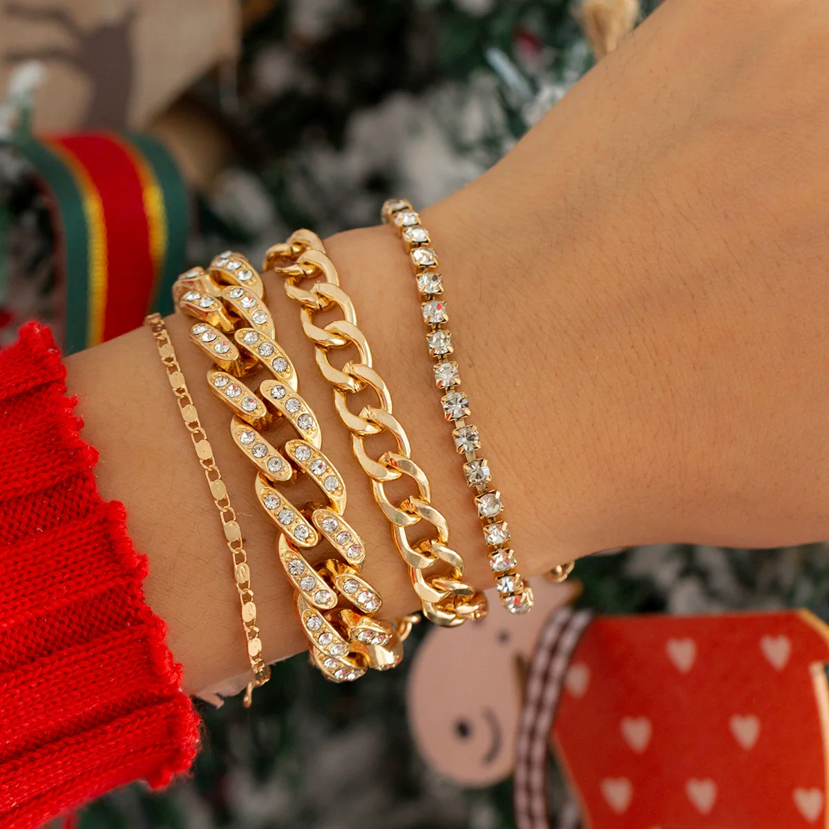 Jewelry Hiphop Punk Alloy Diamondencrusted Cuban Buckle Chain Bracelet Set With Geometric Pattern - Image 7