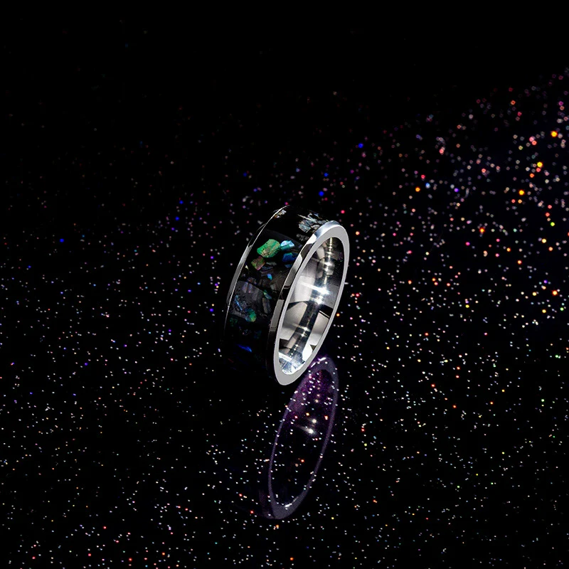 Jewelry Imitation Abalone Shell Inlaid Titanium Steel Ring Electroplated Geometric Style - Image 3