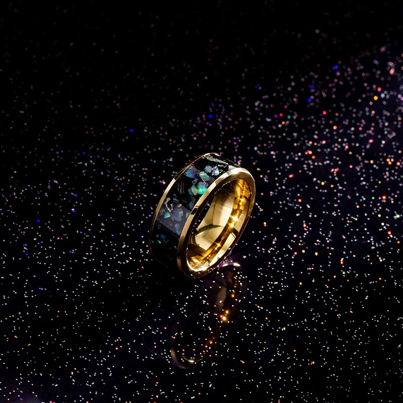 Jewelry Imitation Abalone Shell Inlaid Titanium Steel Ring Electroplated Geometric Style - Image 4