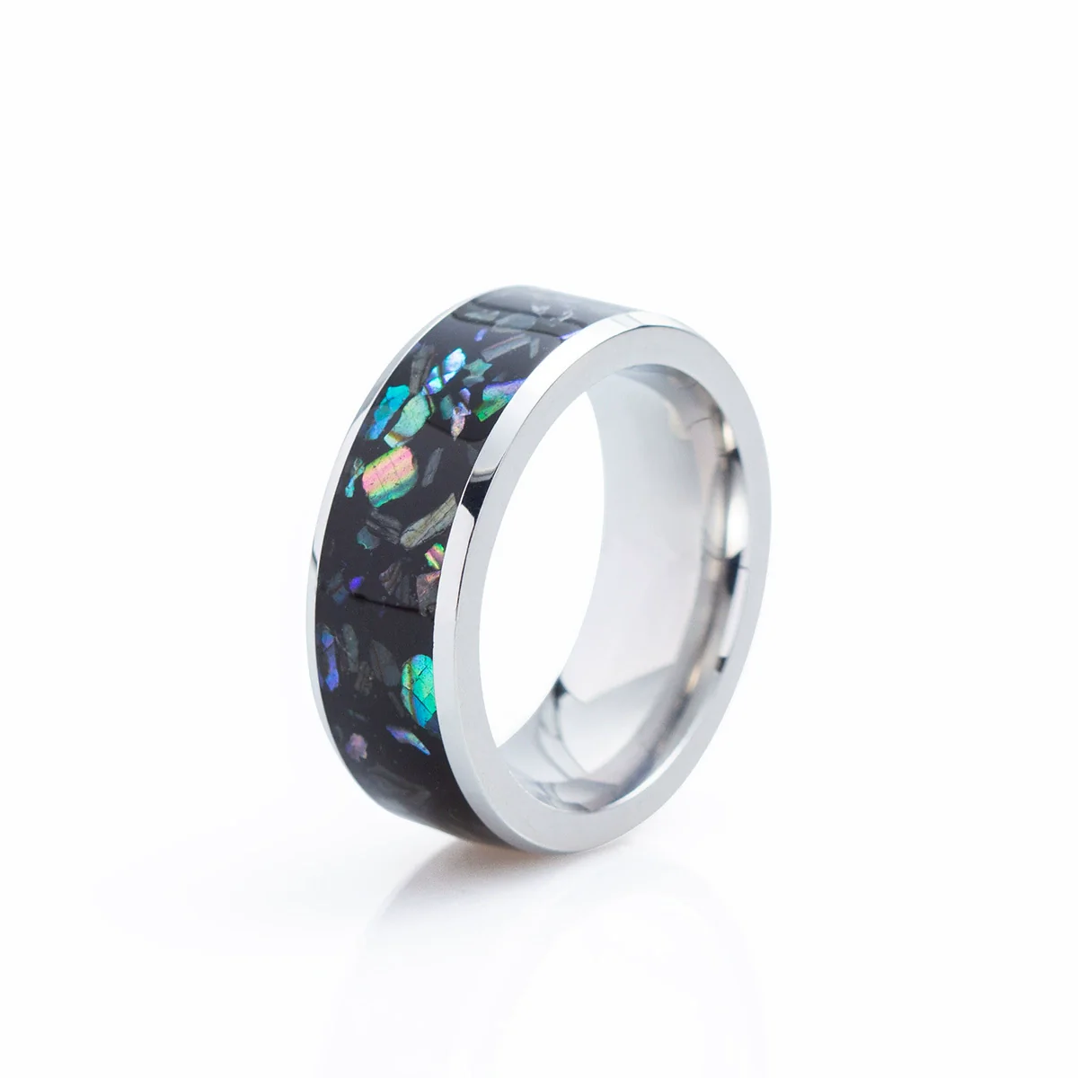 Jewelry Imitation Abalone Shell Inlaid Titanium Steel Ring Electroplated Geometric Style - Image 5