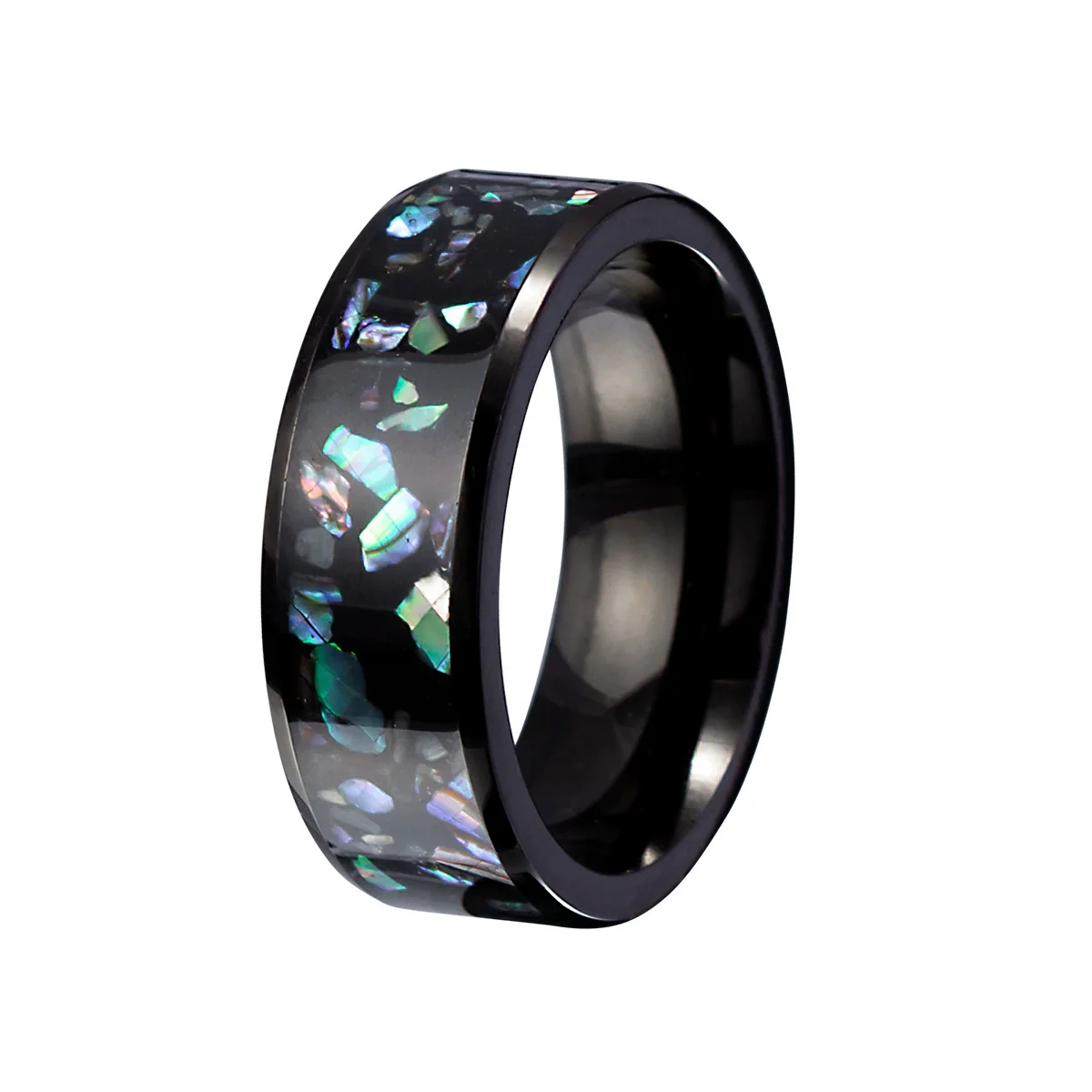 Jewelry Imitation Abalone Shell Inlaid Titanium Steel Ring Electroplated Geometric Style - Image 7