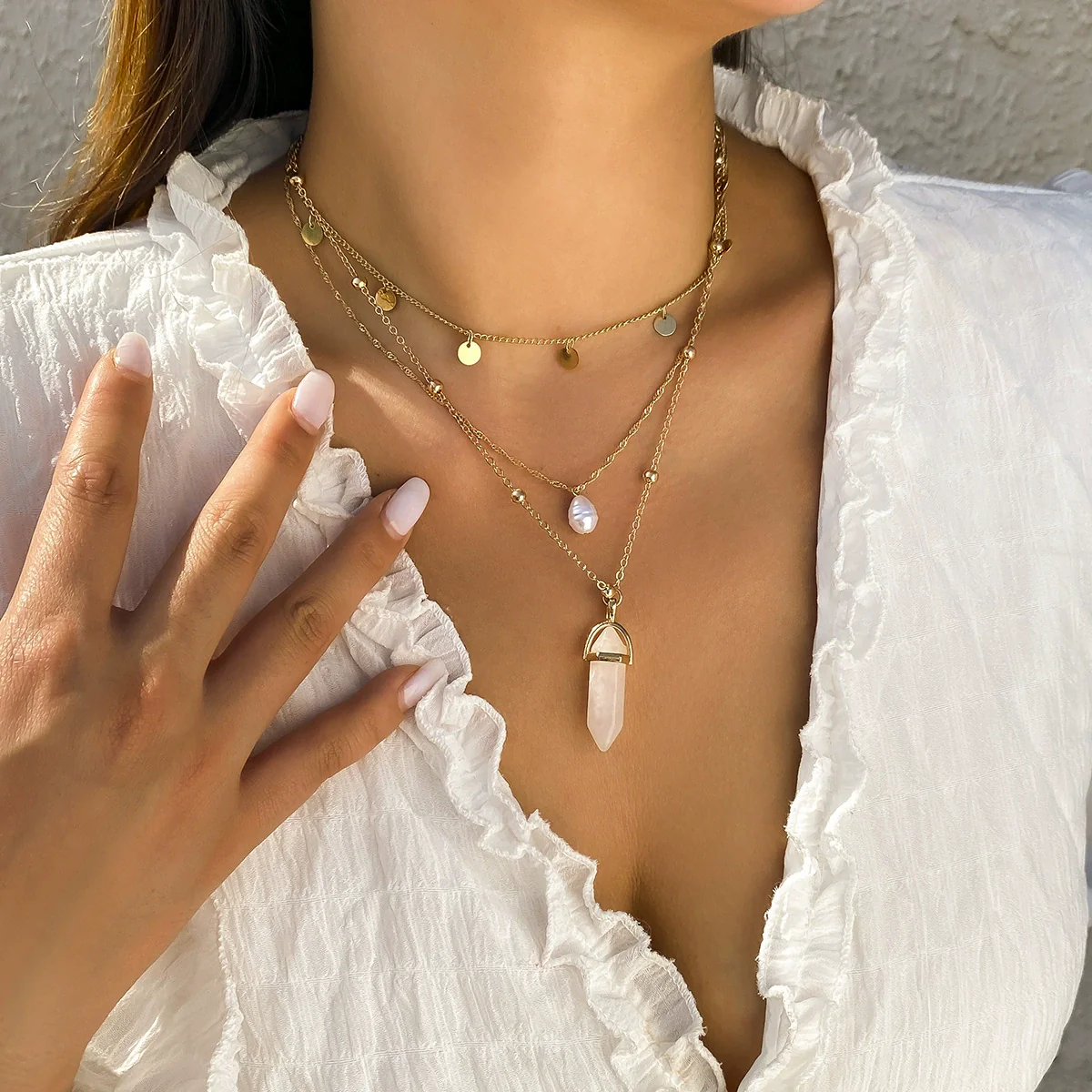 Jewelry Imitation Pearl Geometric Plastic Resin Alloy Electroplated Multilayer Necklace For Women