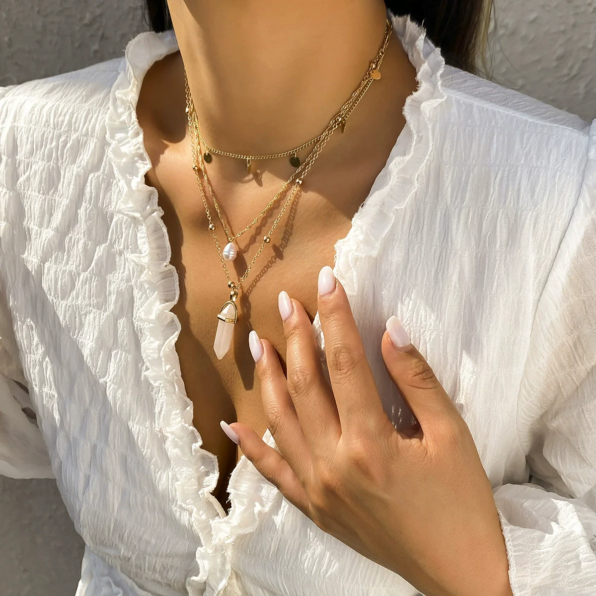 Jewelry Imitation Pearl Geometric Plastic Resin Alloy Electroplated Multilayer Necklace For Women - Image 6