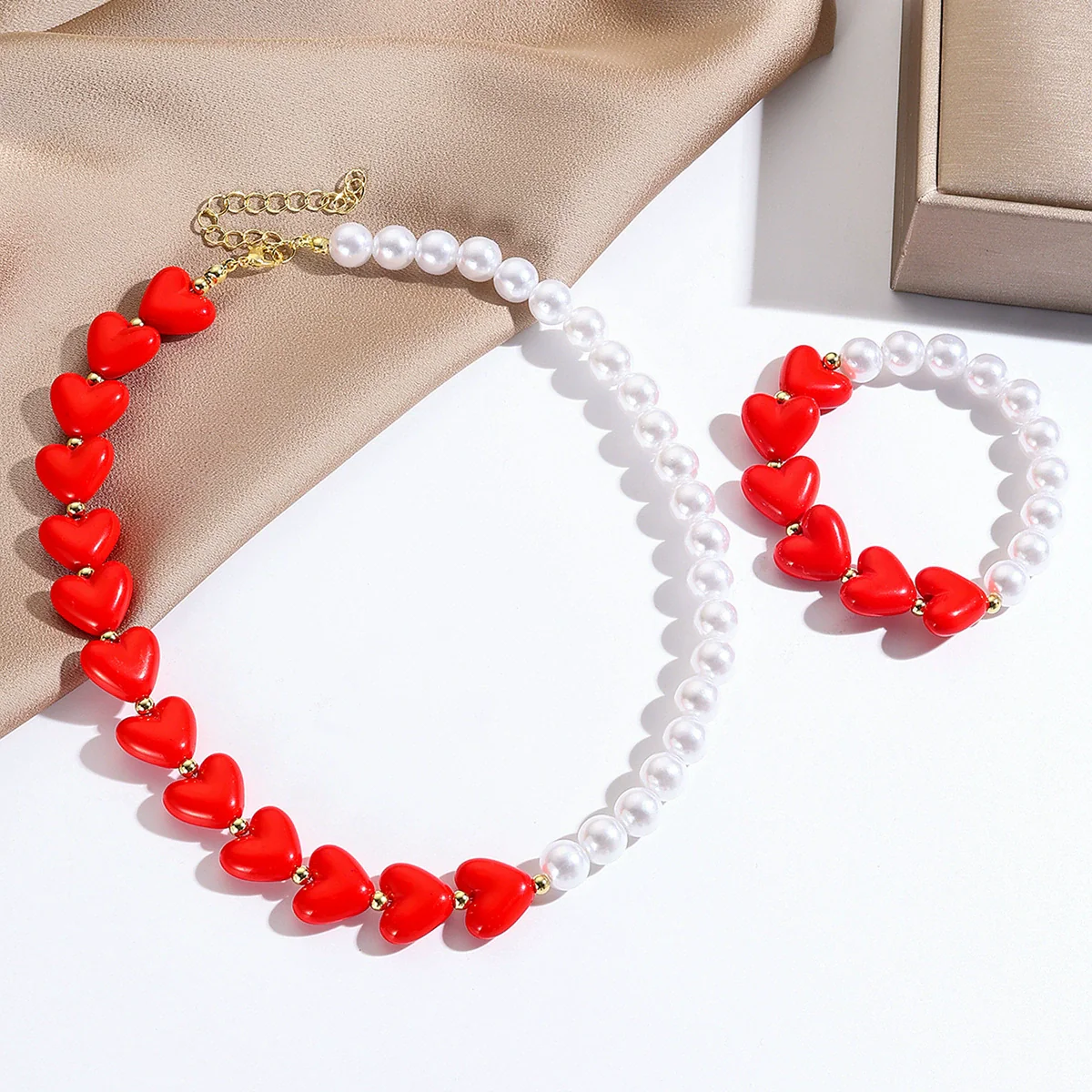 Jewelry Imitation Pearl Heart Pattern Electroplating Valentine's Day Earrings And Necklace - Image 39