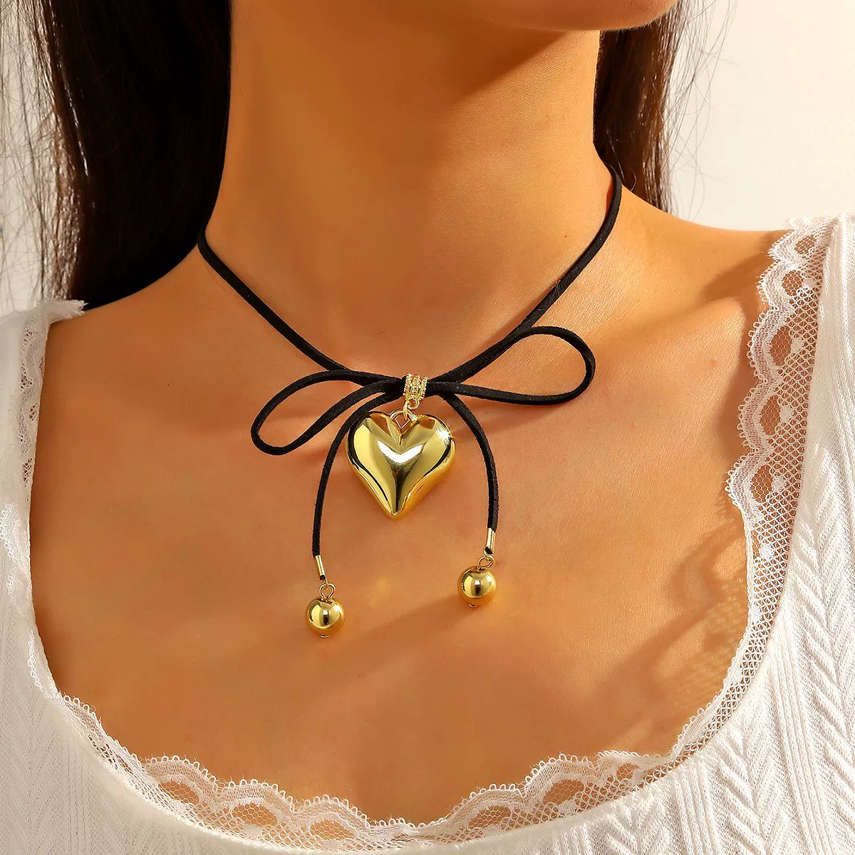 Jewelry Imitation Pearl Organic Glass Heart Bow Style Clavicle Chain Women's Necklace - Image 4