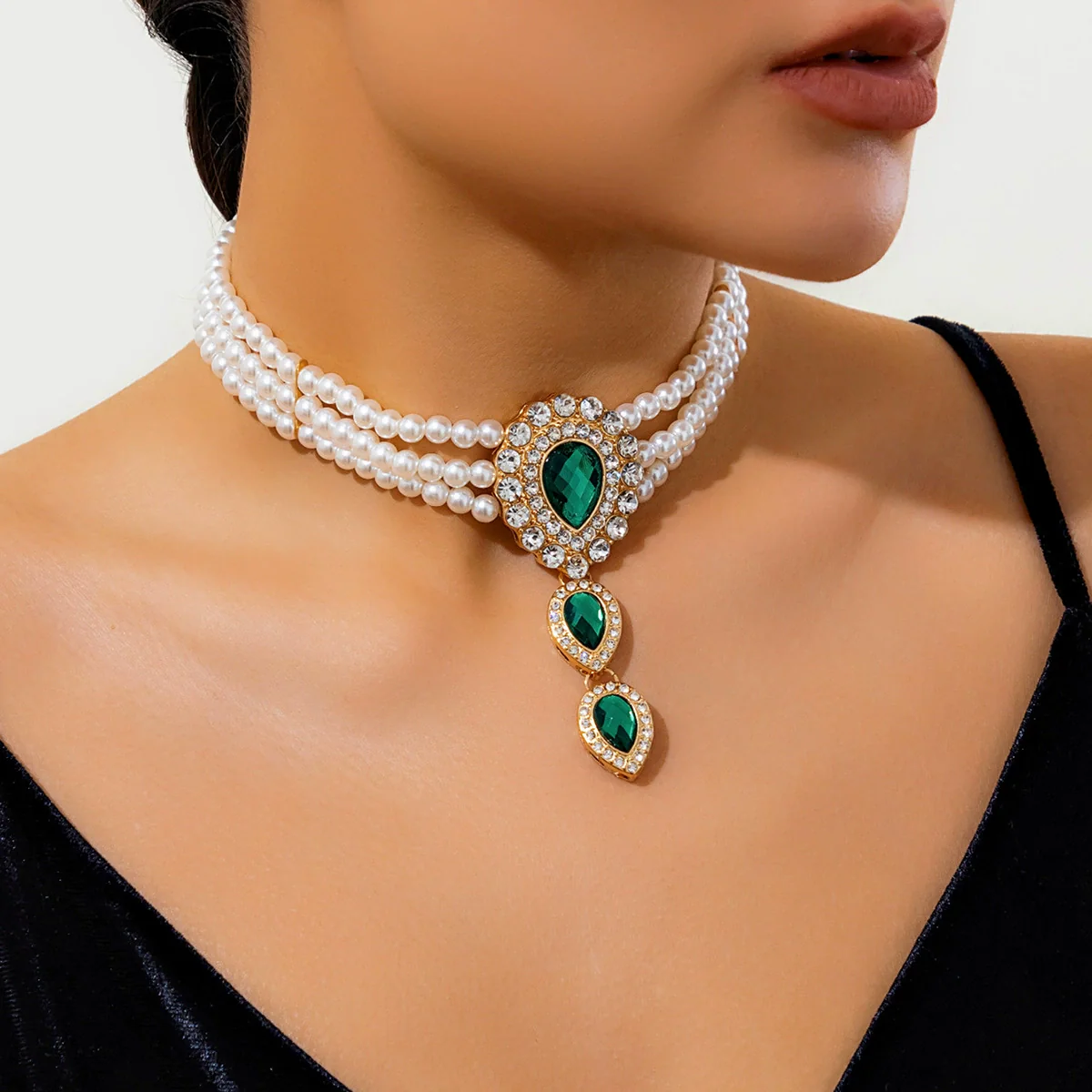 Jewelry Imitation Pearl Rhinestone Dropshaped Beaded Choker Necklace Electroplating Women's Retro Light Luxury Style - Image 3