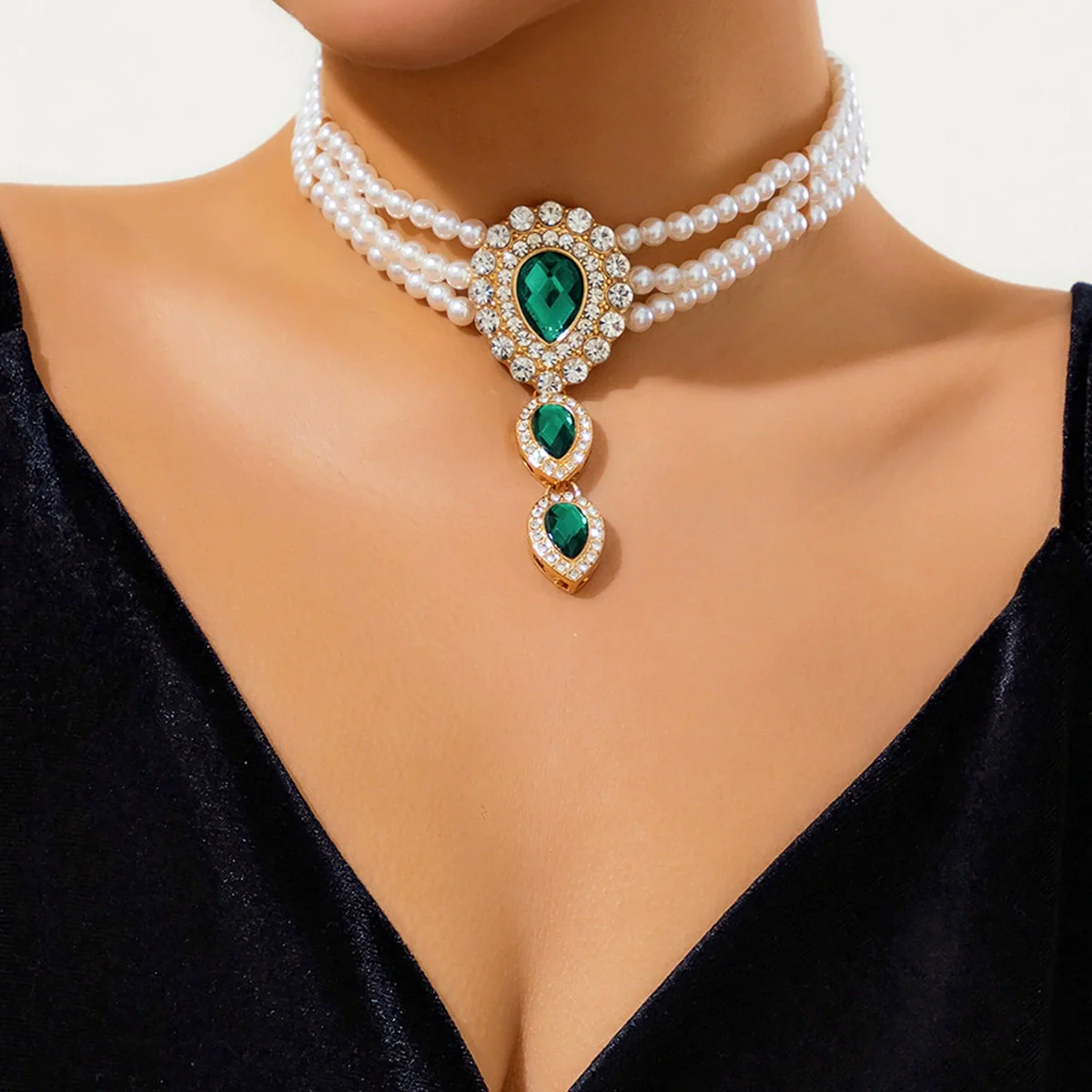Jewelry Imitation Pearl Rhinestone Dropshaped Beaded Choker Necklace Electroplating Women's Retro Light Luxury Style - Image 7