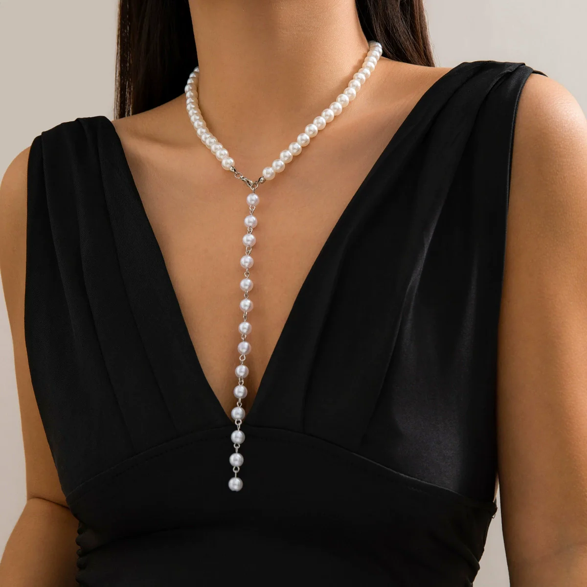 Jewelry Imitation Pearl Round Bead Collarbone Necklace Fashion Retro Long Tassel Electroplating Geometric Style - Image 9