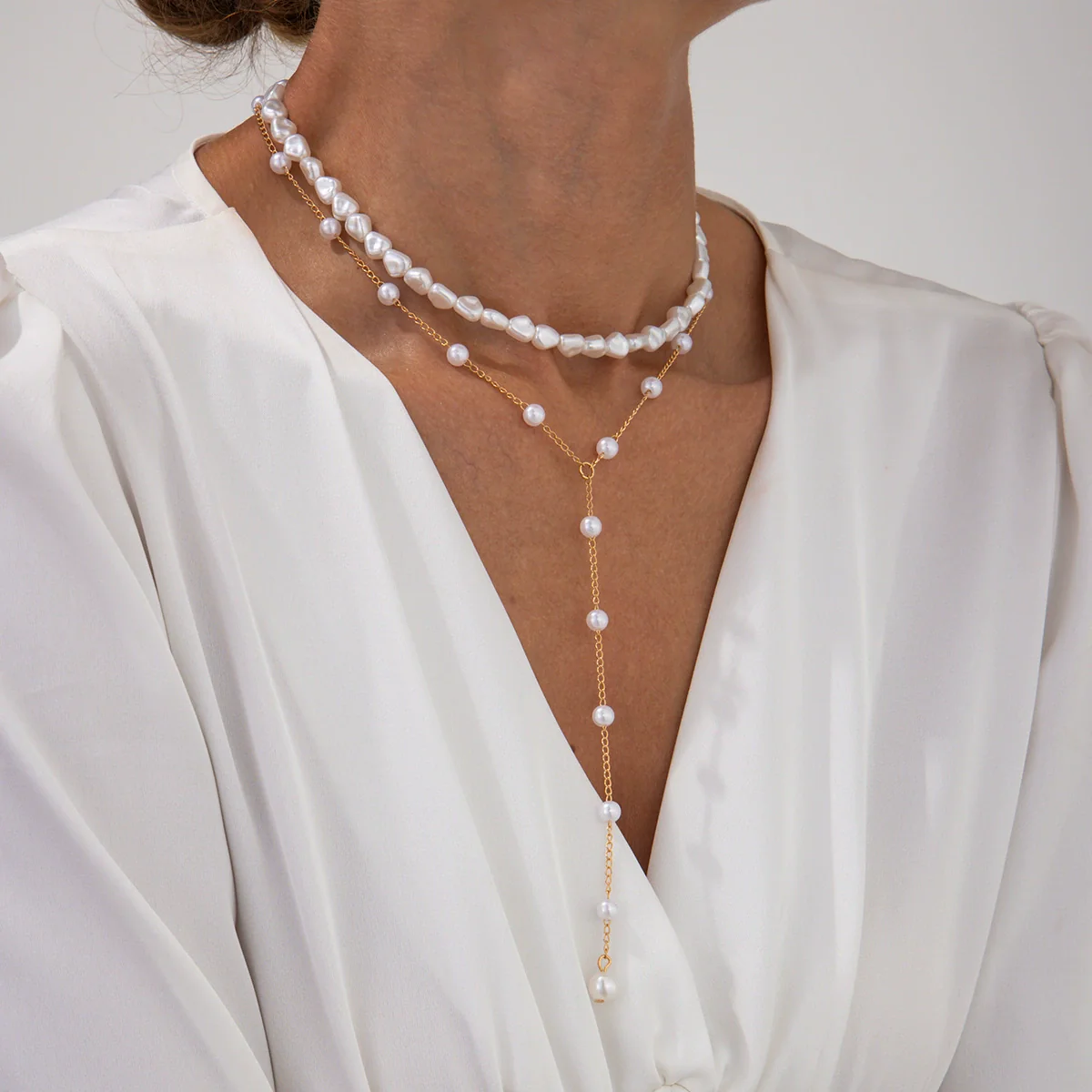 Jewelry Imitation Pearls Geometric Handmade Multilayer Clavicle Chain Yshaped Tassel Necklace Set For Women - Image 3