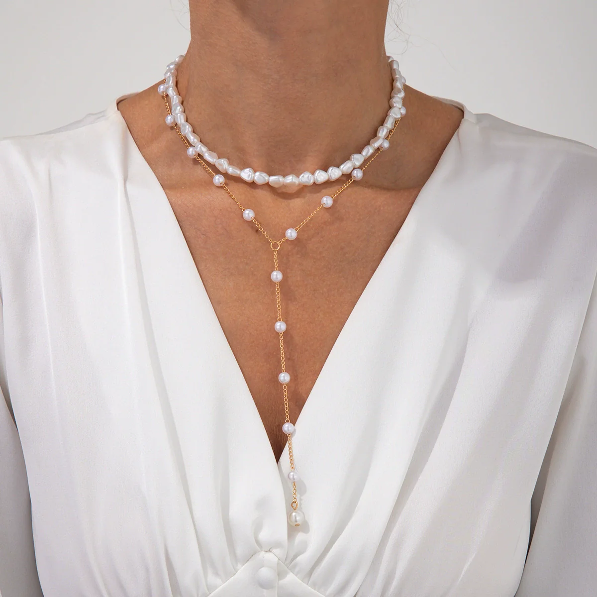 Jewelry Imitation Pearls Geometric Handmade Multilayer Clavicle Chain Yshaped Tassel Necklace Set For Women - Image 6