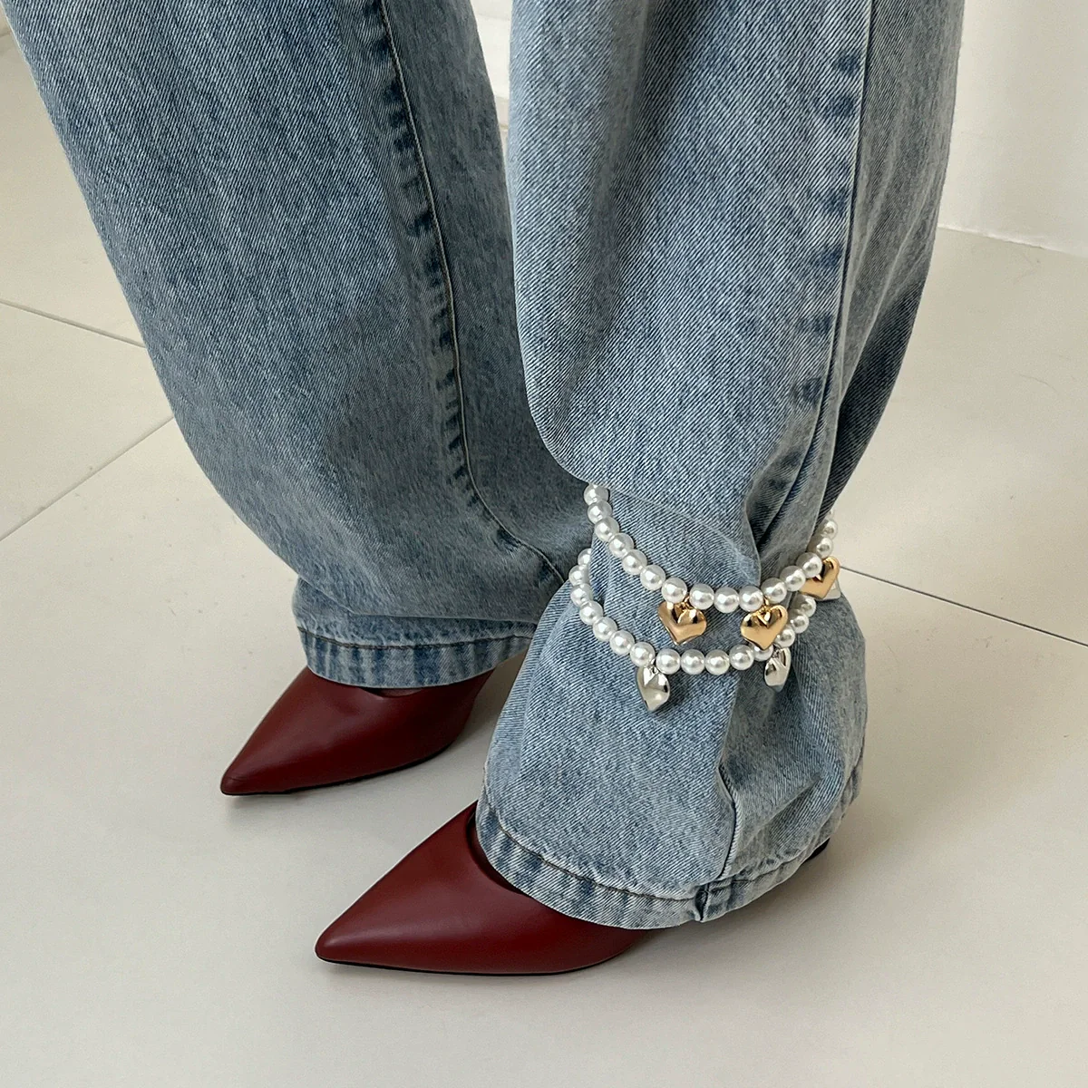 Jewelry Ins Style Imitation Pearl Beaded Heart Pendant Anklet