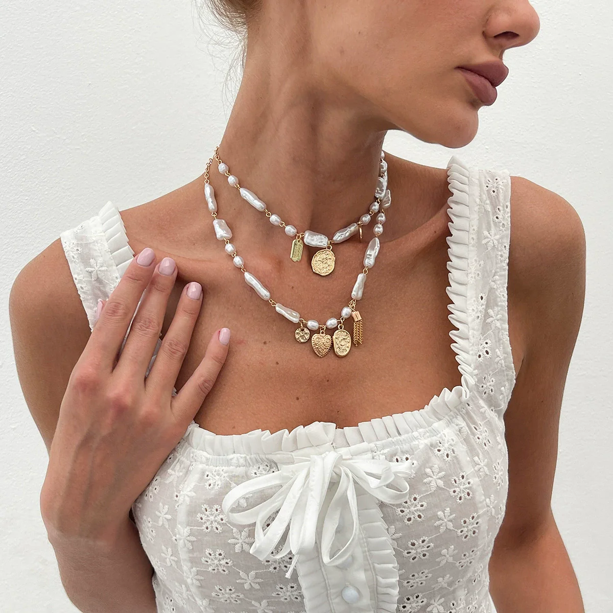 Jewelry Iron Chain Imitation Pearl Alloy Geometric Cross Pendant Necklace For Women With Electroplating Design - Image 2