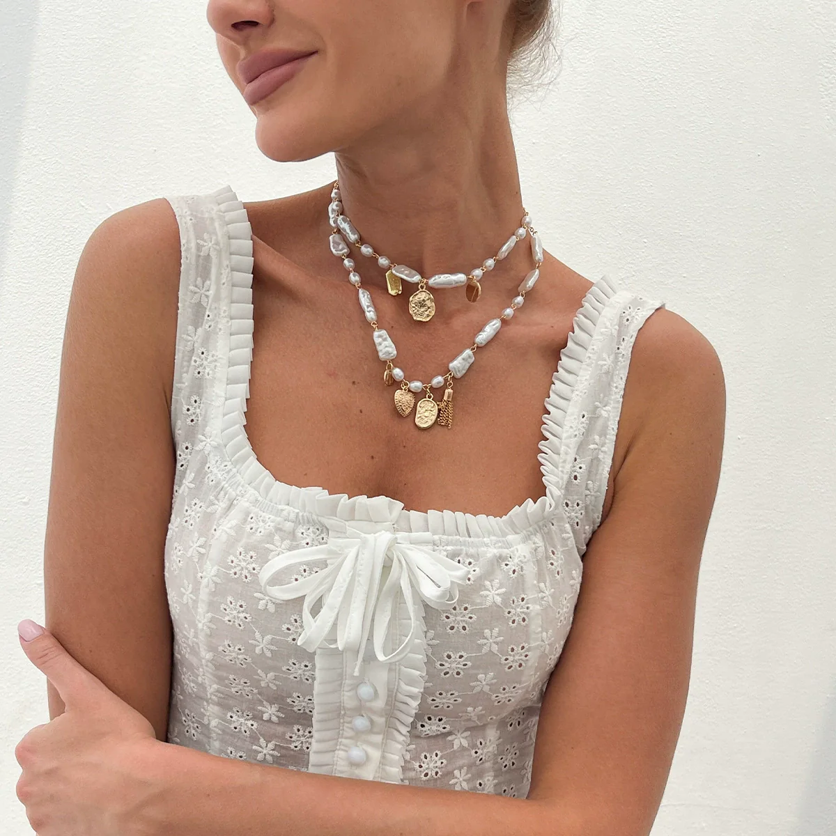 Jewelry Iron Chain Imitation Pearl Alloy Geometric Cross Pendant Necklace For Women With Electroplating Design - Image 3