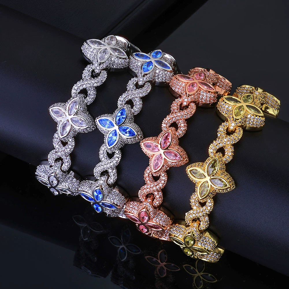 Jewelry Men's Hip Hop Cuban Chain Necklace And Bracelet With Fourleaf Clover Figureeight Design Copper Inlaid Zircon - Image 2