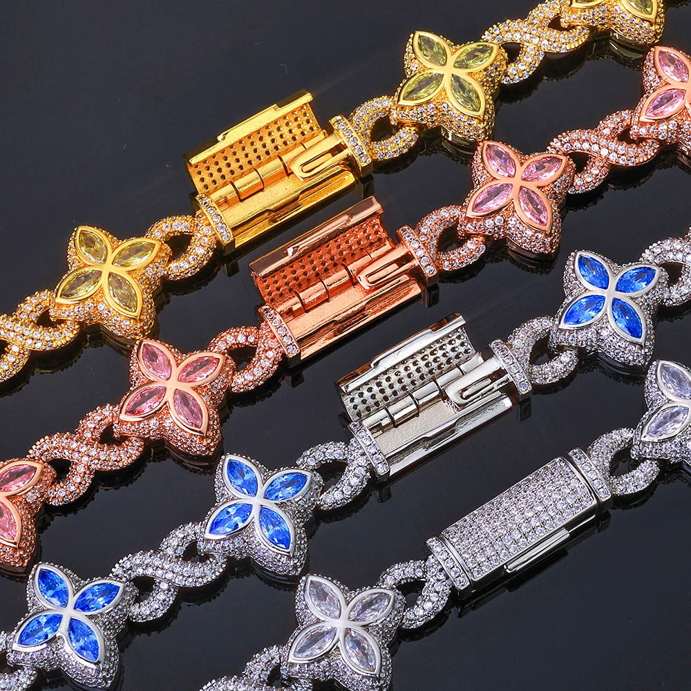Jewelry Men's Hip Hop Cuban Chain Necklace And Bracelet With Fourleaf Clover Figureeight Design Copper Inlaid Zircon - Image 3