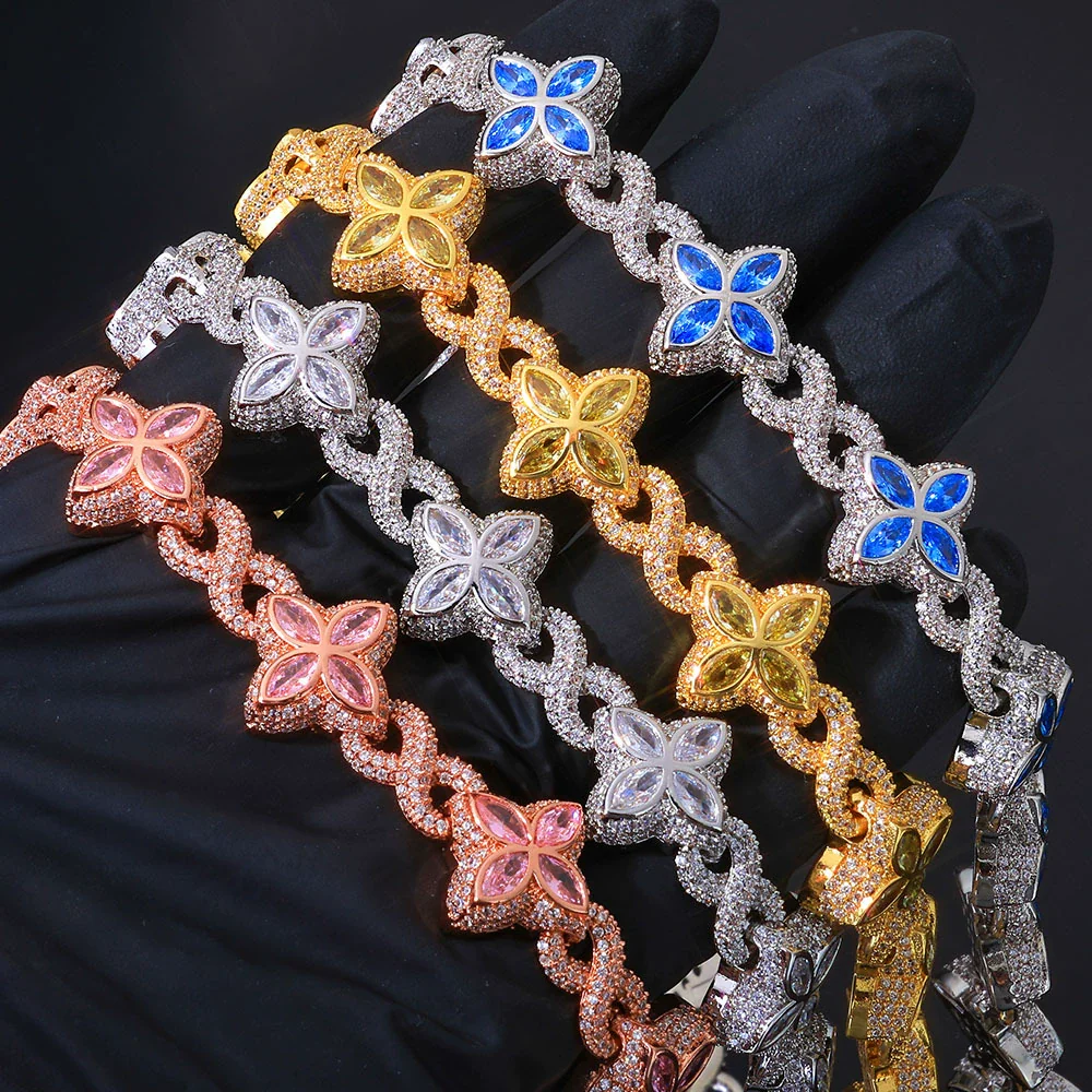 Jewelry Men's Hip Hop Cuban Chain Necklace And Bracelet With Fourleaf Clover Figureeight Design Copper Inlaid Zircon - Image 4
