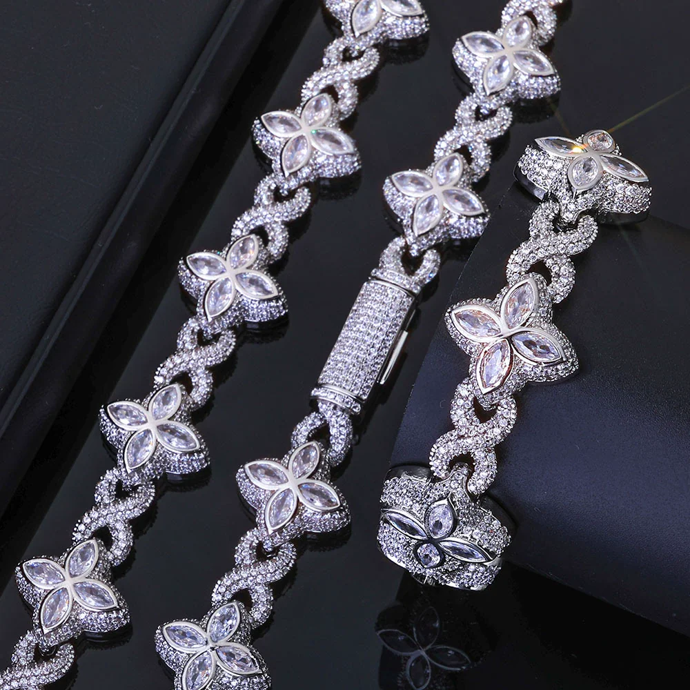 Jewelry Men's Hip Hop Cuban Chain Necklace And Bracelet With Fourleaf Clover Figureeight Design Copper Inlaid Zircon - Image 6