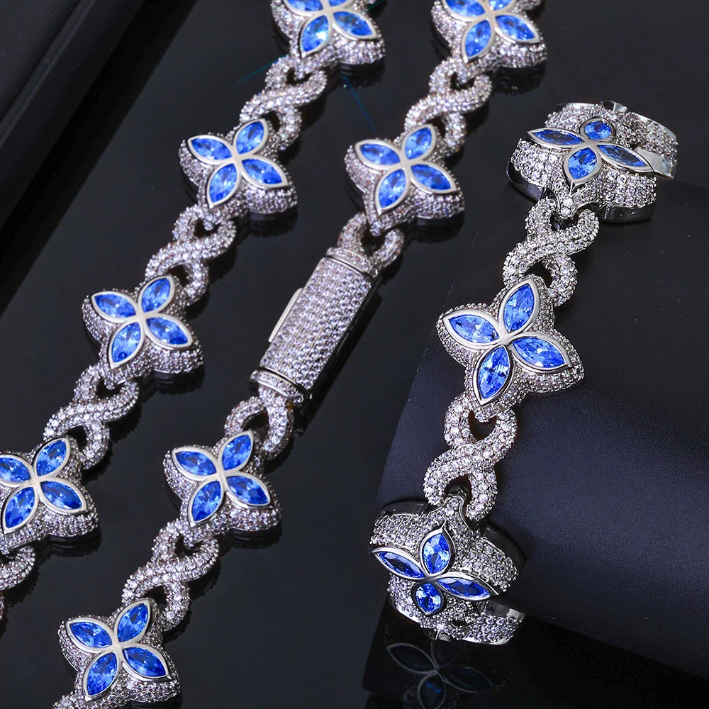 Jewelry Men's Hip Hop Cuban Chain Necklace And Bracelet With Fourleaf Clover Figureeight Design Copper Inlaid Zircon - Image 7