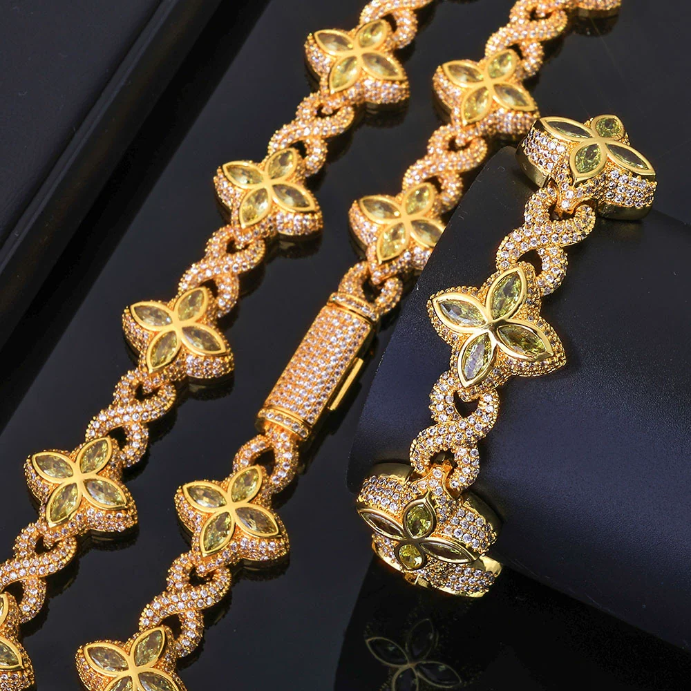 Jewelry Men's Hip Hop Cuban Chain Necklace And Bracelet With Fourleaf Clover Figureeight Design Copper Inlaid Zircon - Image 8