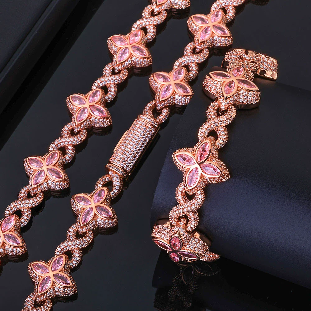 Jewelry Men's Hip Hop Cuban Chain Necklace And Bracelet With Fourleaf Clover Figureeight Design Copper Inlaid Zircon - Image 9