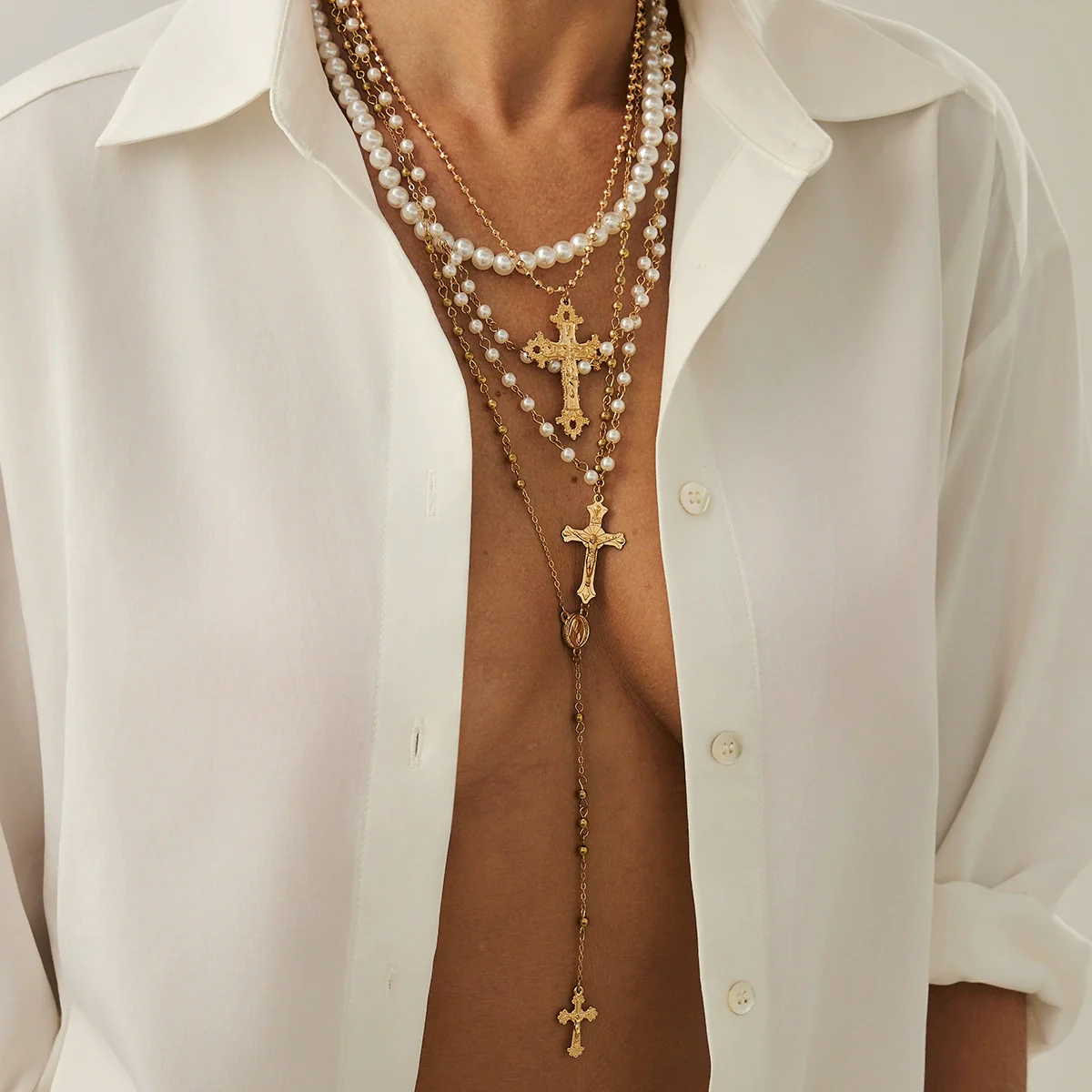 Jewelry Metal Alloy Pendant Necklace With Geometric Pattern Copperclad Iron And Pearl Chain Electroplated For Women - Image 6