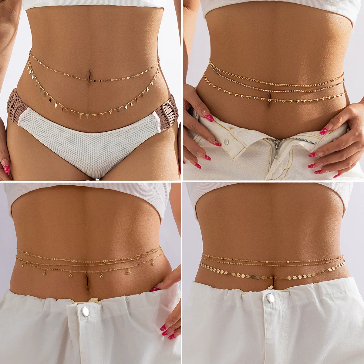 Jewelry Metal Chain Body Chain Waist Chain Sequins Stacked Love Claw Tassel Rhinestone Multiple Circles Lobster Clasp