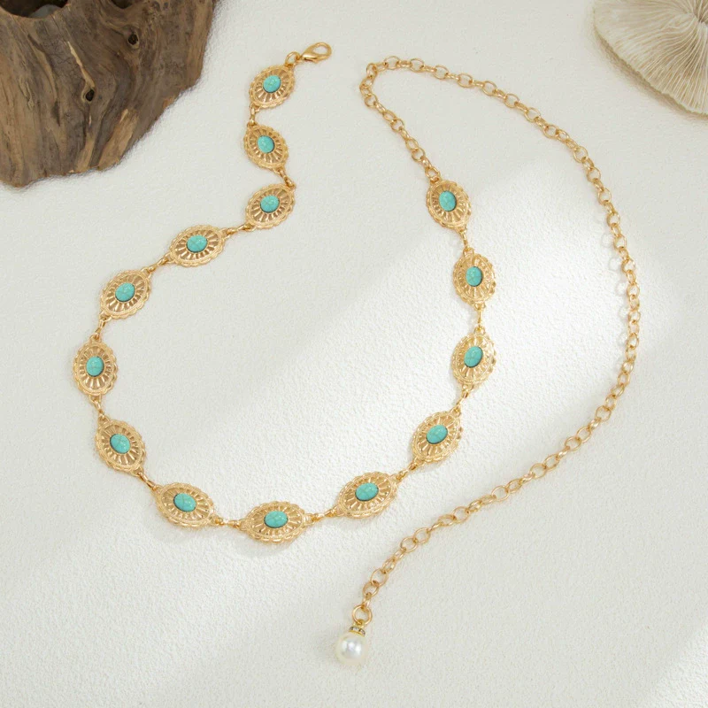 Jewelry Metal Cut Out Splicing Body Chain Waist Chain Alloy Turquoise Imitation Pearl Lobster Clasp - Image 4