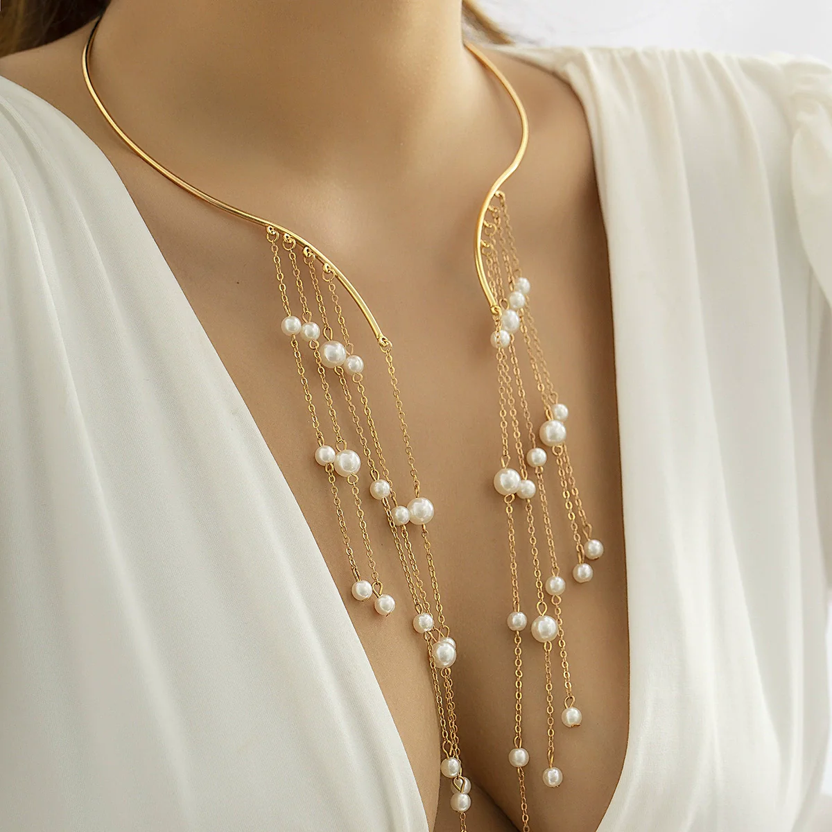 Jewelry Metal Imitation Pearl Pendant Collar Tassel Open Choker Necklace With Geometric Pattern And Electroplating Treatment - Image 5