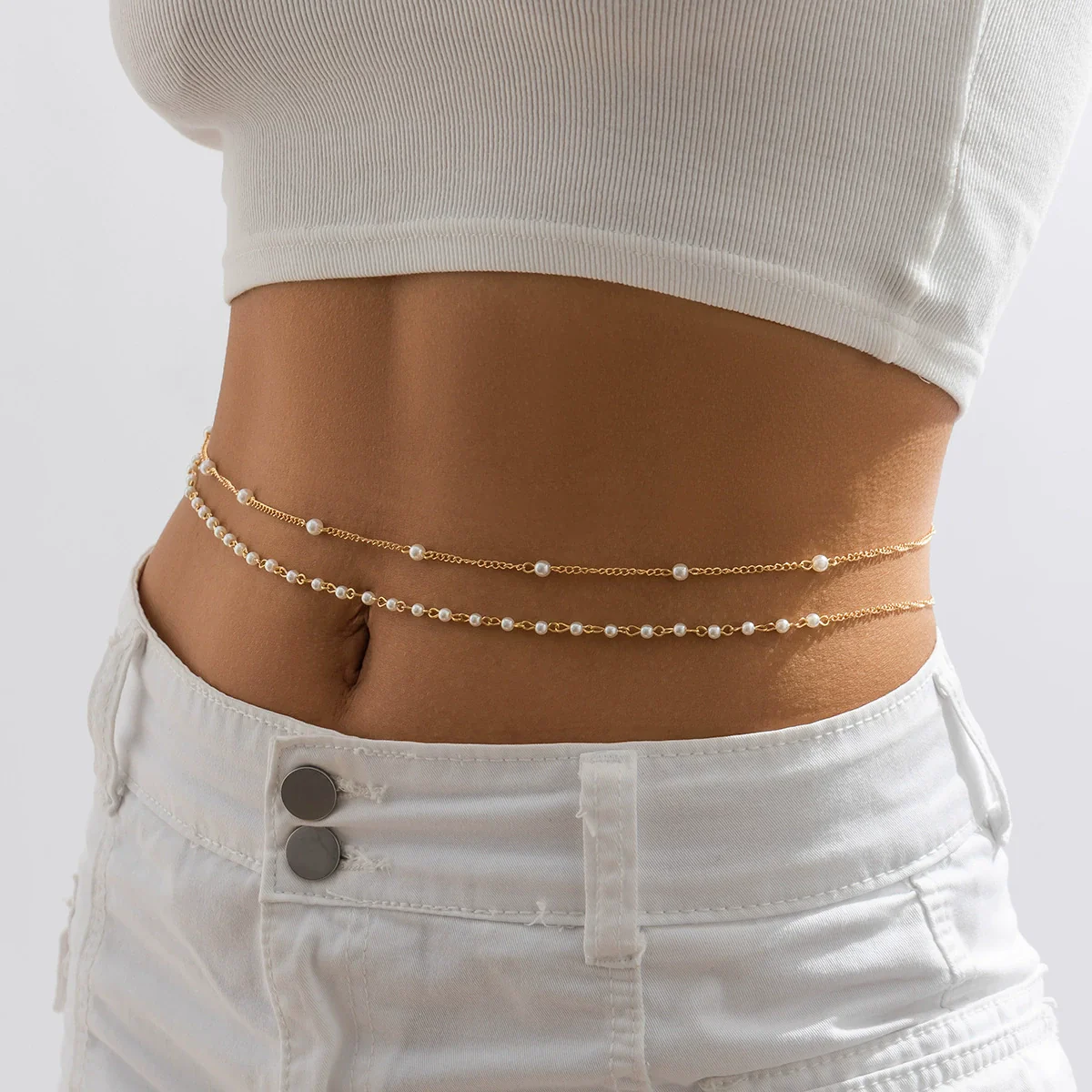 Jewelry Metal Imitation Pearl Waist Chain Women's Tassel Body Chain Double Circle Lobster Clasp - Image 2