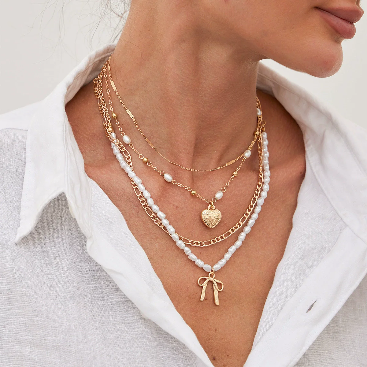 Jewelry Metal Necklace With Multilayer Bow And Love Pendant Imitation Pearls Alloy Electroplating For Women