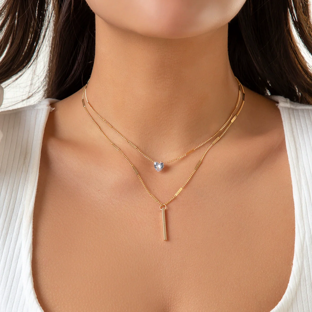 Jewelry Metal Organic Glass Heartshaped Geometric Doublelayer Microinlaid Electroplated Ochain Necklace For Women - Image 3