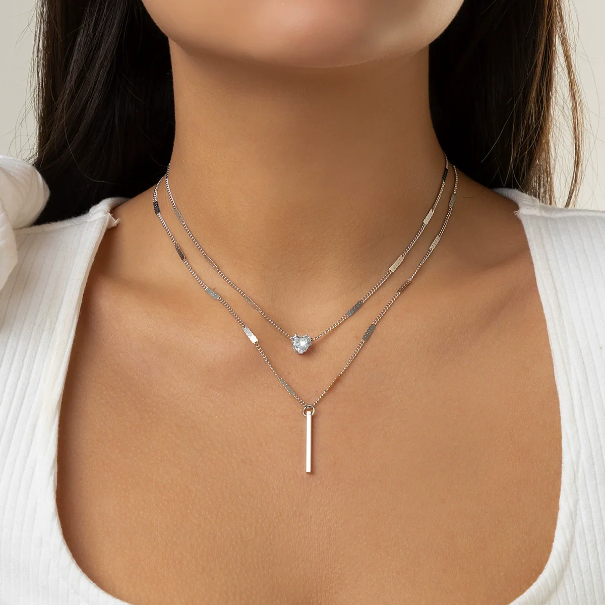 Jewelry Metal Organic Glass Heartshaped Geometric Doublelayer Microinlaid Electroplated Ochain Necklace For Women - Image 6