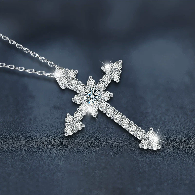 Jewelry Moissanite S925 Sterling Silver Geometric Cross Necklace Pendant - Image 2