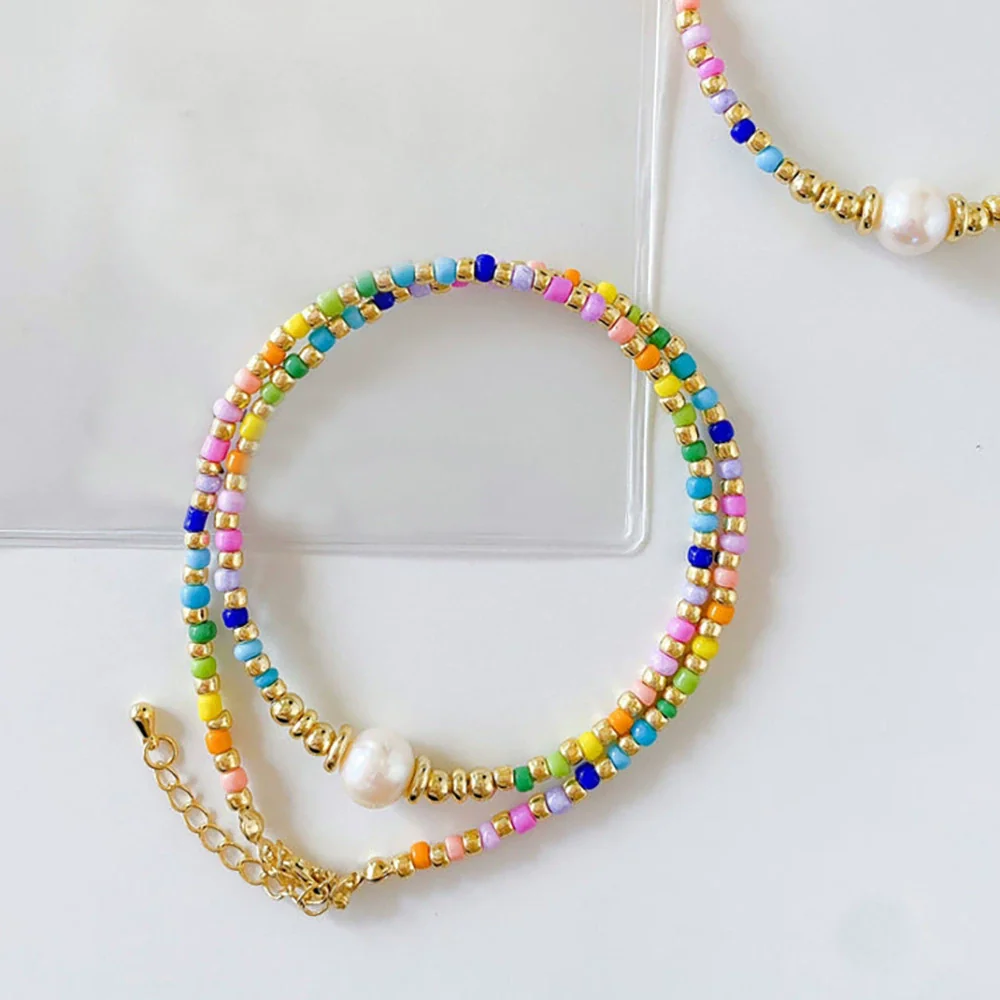 Jewelry Natural Freshwater Pearl And Organic Glass Beaded Handwoven Geometric Style Necklace For Women - Image 3