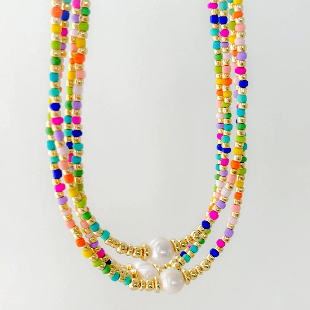 Jewelry Natural Freshwater Pearl And Organic Glass Beaded Handwoven Geometric Style Necklace For Women - Image 4