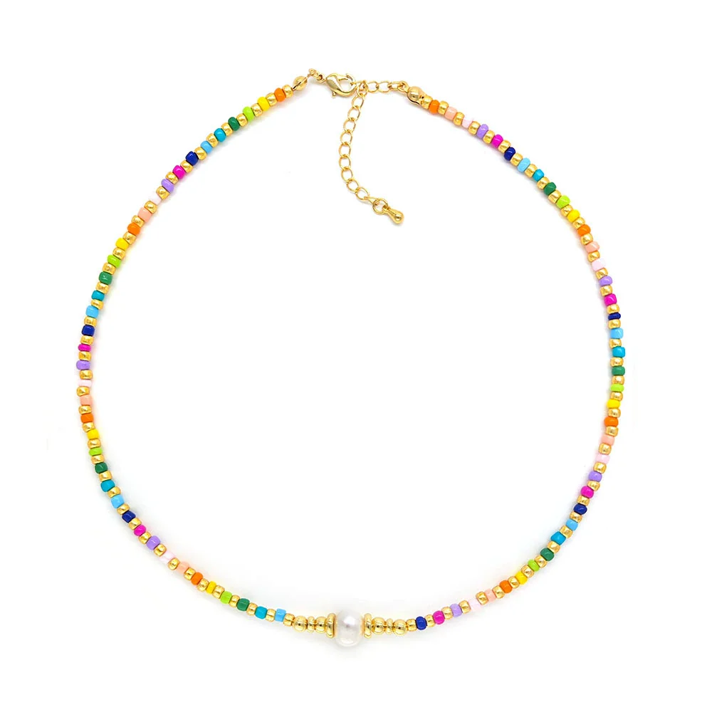 Jewelry Natural Freshwater Pearl And Organic Glass Beaded Handwoven Geometric Style Necklace For Women - Image 6
