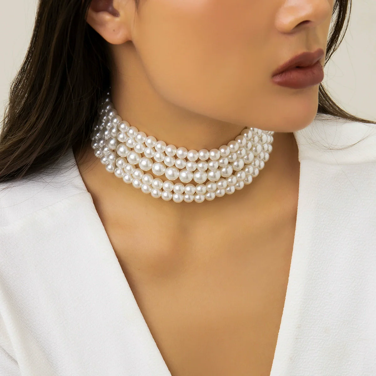 Jewelry Necklace Handmade Multilayer Imitation Pearl Plastic Resin Geometric Snake Bone Chain Women Choker